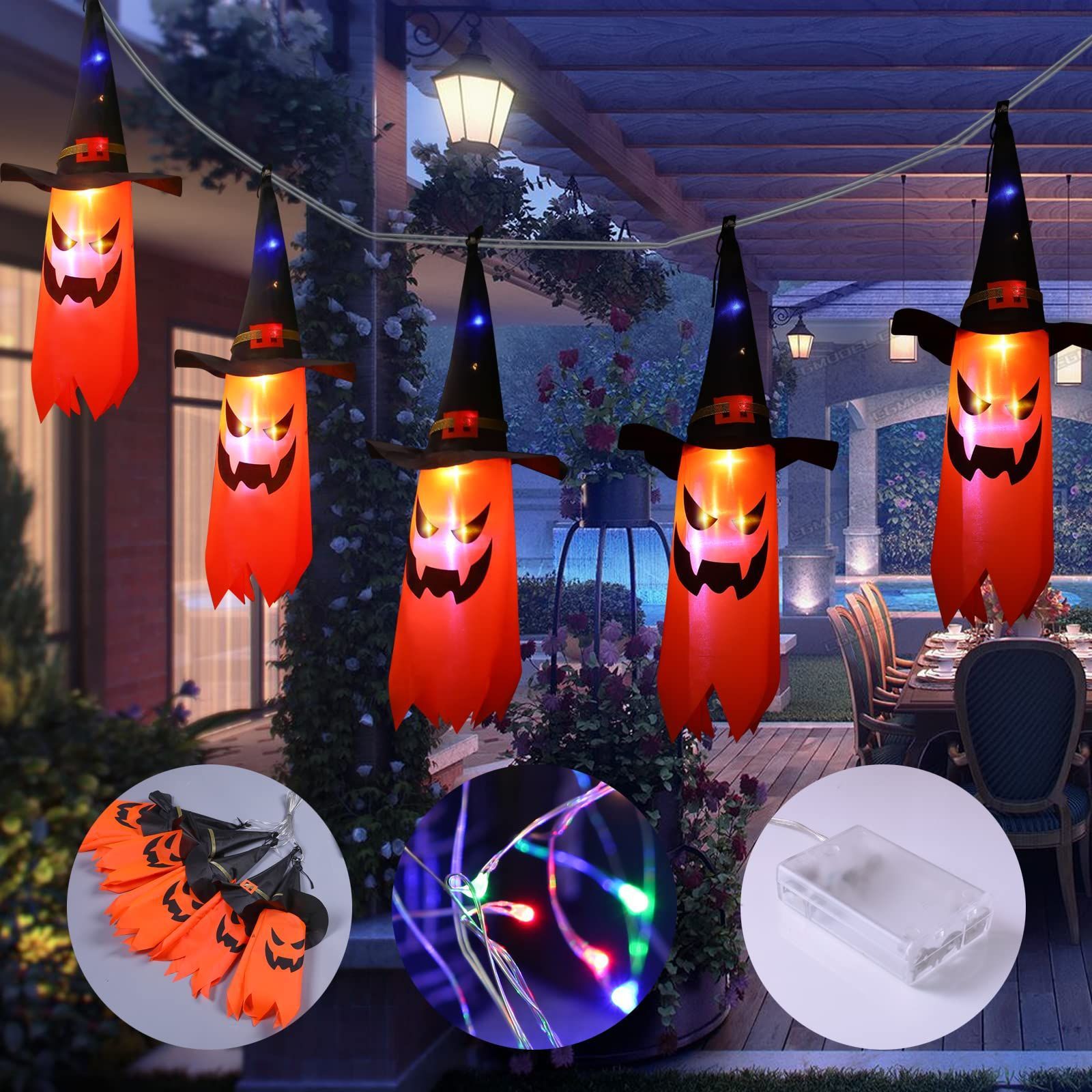 5 - String Wizard Hat Halloween Lights – Floating Witch Hat Decorations with LED Glow