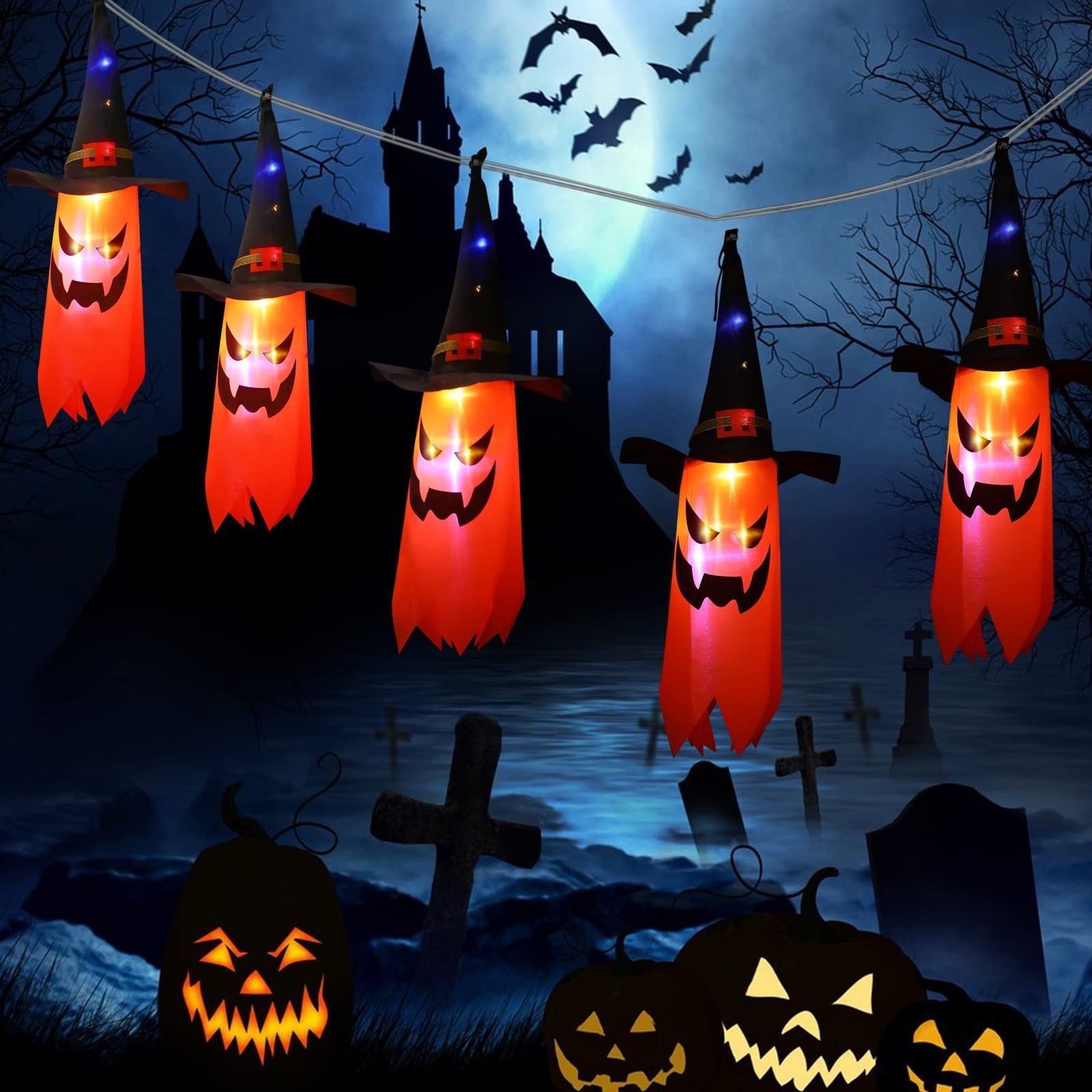 5 - String Wizard Hat Halloween Lights – Floating Witch Hat Decorations with LED Glow