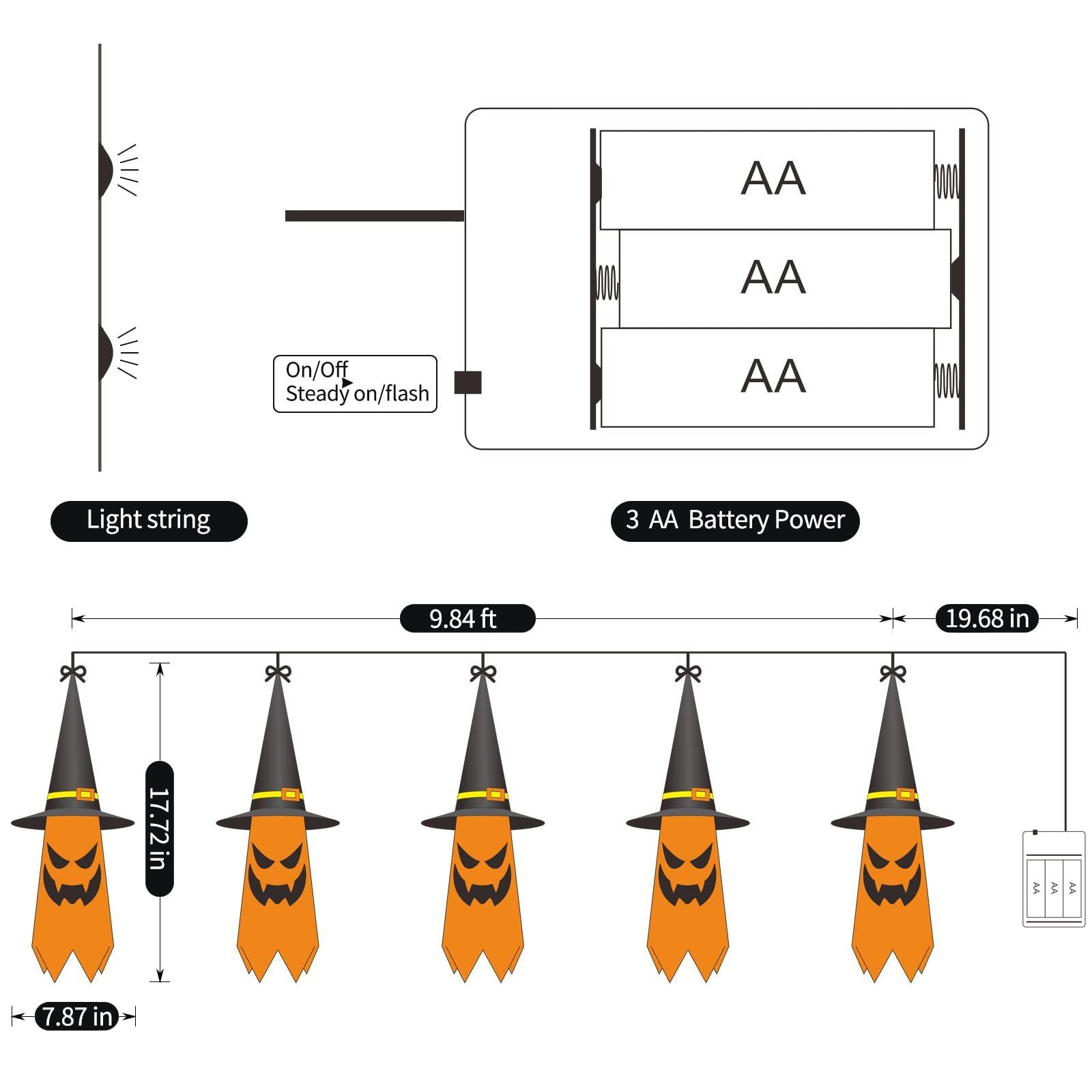 5 - String Wizard Hat Halloween Lights – Floating Witch Hat Decorations with LED Glow