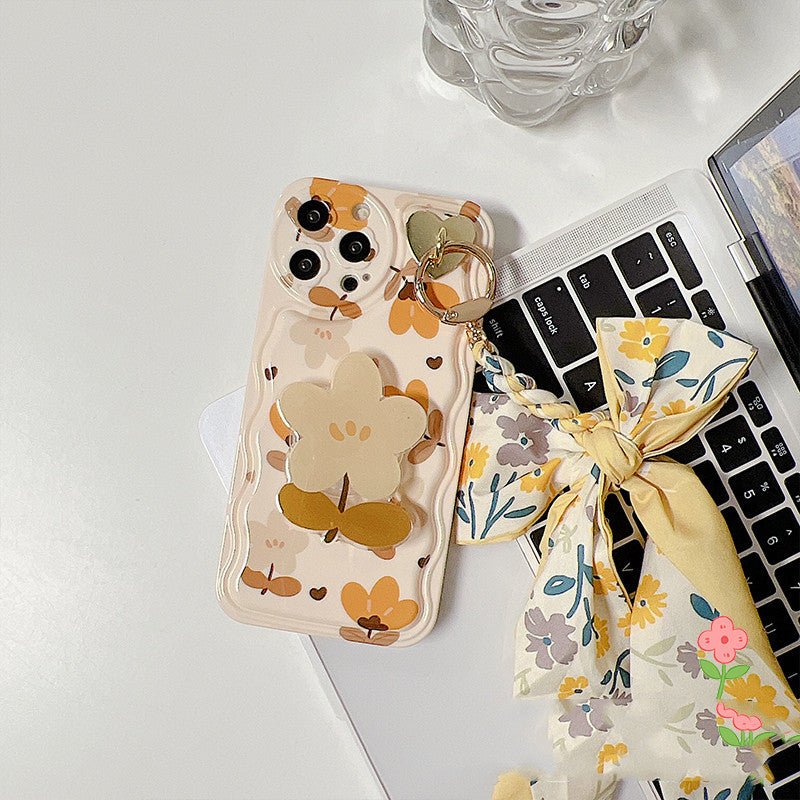 Autumn Leaves & Flowers With Bow Silk Scarf iPhone Case – Elegant Silicone Protective Cover