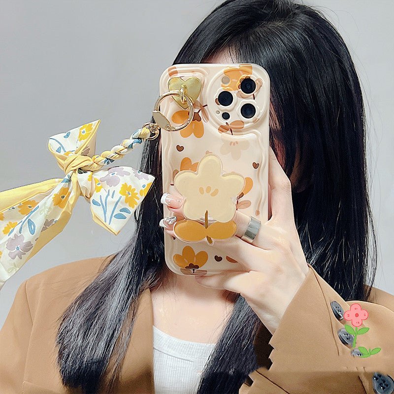 Autumn Leaves & Flowers With Bow Silk Scarf iPhone Case – Elegant Silicone Protective Cover