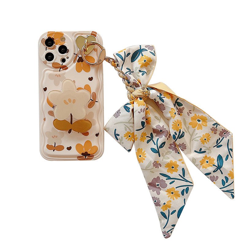 Autumn Leaves & Flowers With Bow Silk Scarf iPhone Case – Elegant Silicone Protective Cover