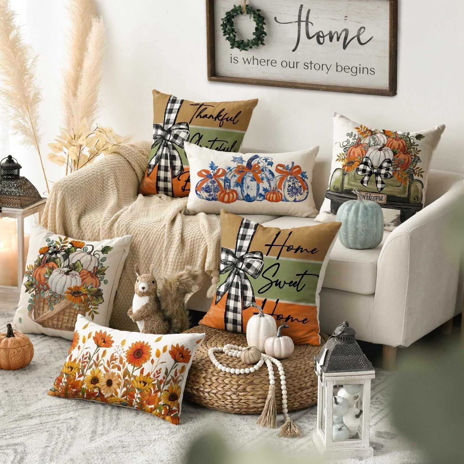 Fall Pumpkin Truck & Sunflower Pillow Cover – 18x18 “Home Sweet Home” Design