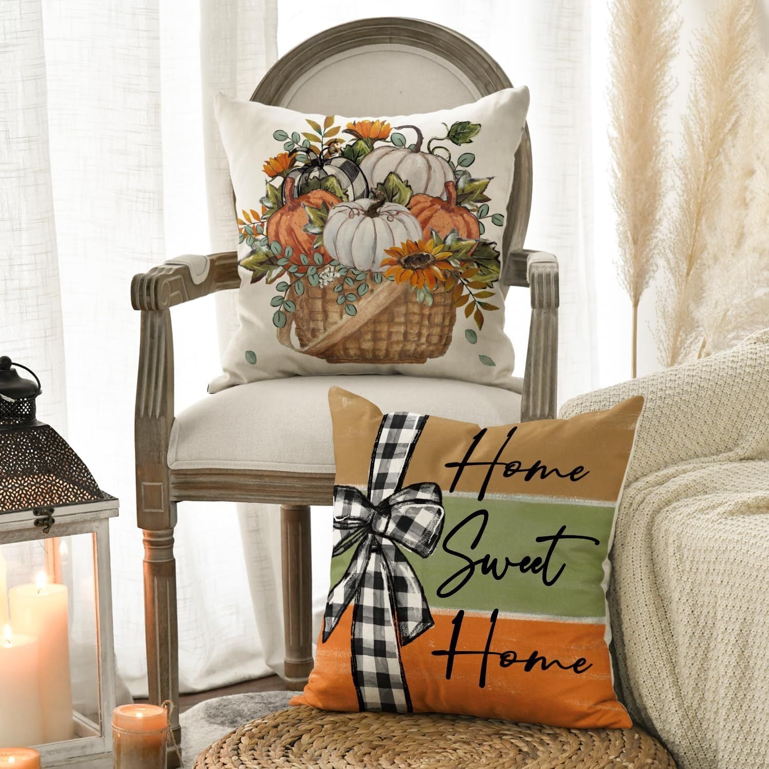 Fall Pumpkin Truck & Sunflower Pillow Cover – 18x18 “Home Sweet Home” Design