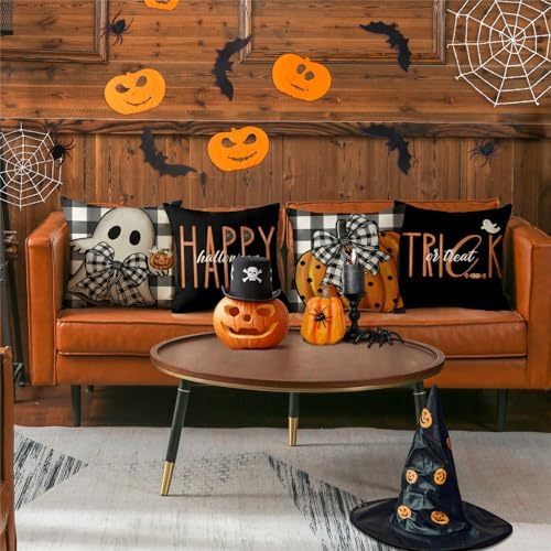 Set of 4 Halloween Pillow Covers – 18x18 Spooky Pumpkin & Buffalo Plaid Designs