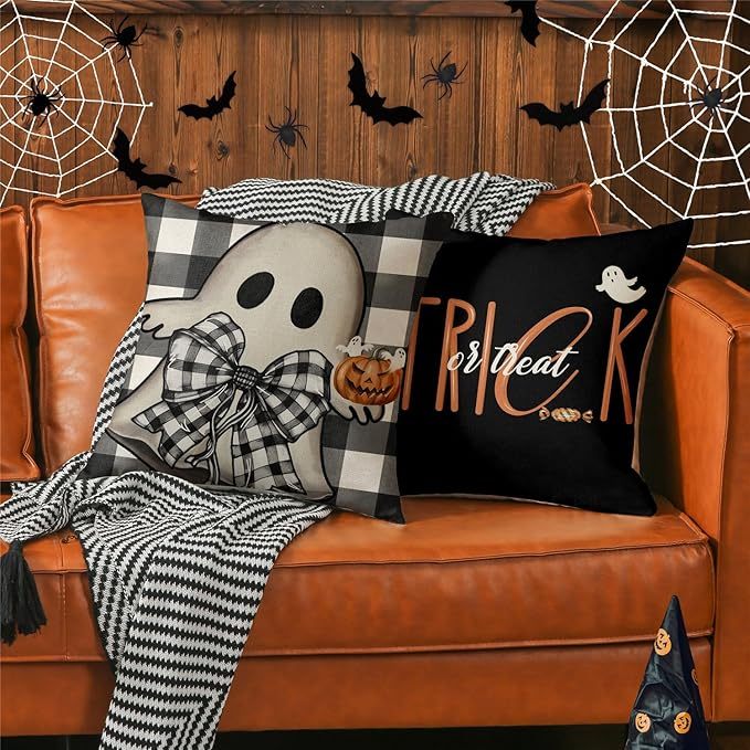 Set of 4 Halloween Pillow Covers – 18x18 Spooky Pumpkin & Buffalo Plaid Designs