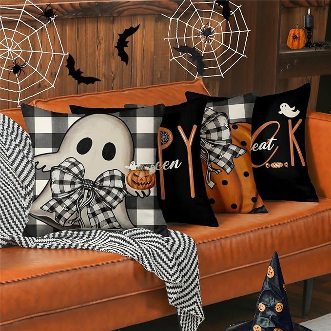 Set of 4 Halloween Pillow Covers – 18x18 Spooky Pumpkin & Buffalo Plaid Designs