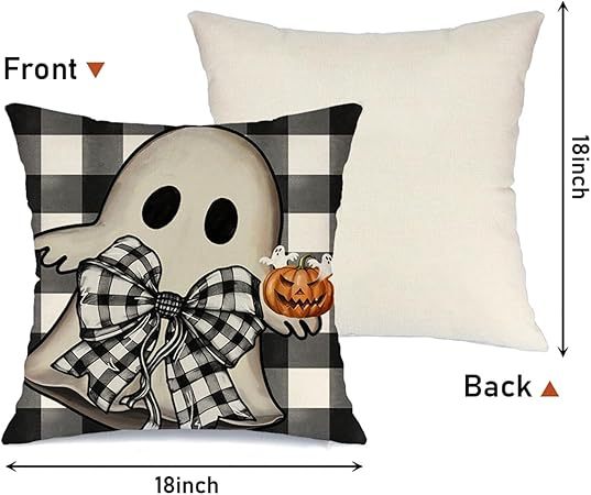 Set of 4 Halloween Pillow Covers – 18x18 Spooky Pumpkin & Buffalo Plaid Designs