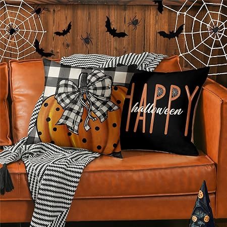 Set of 4 Halloween Pillow Covers – 18x18 Spooky Pumpkin & Buffalo Plaid Designs