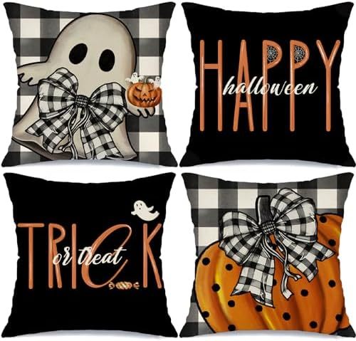 Set of 4 Halloween Pillow Covers – 18x18 Spooky Pumpkin & Buffalo Plaid Designs