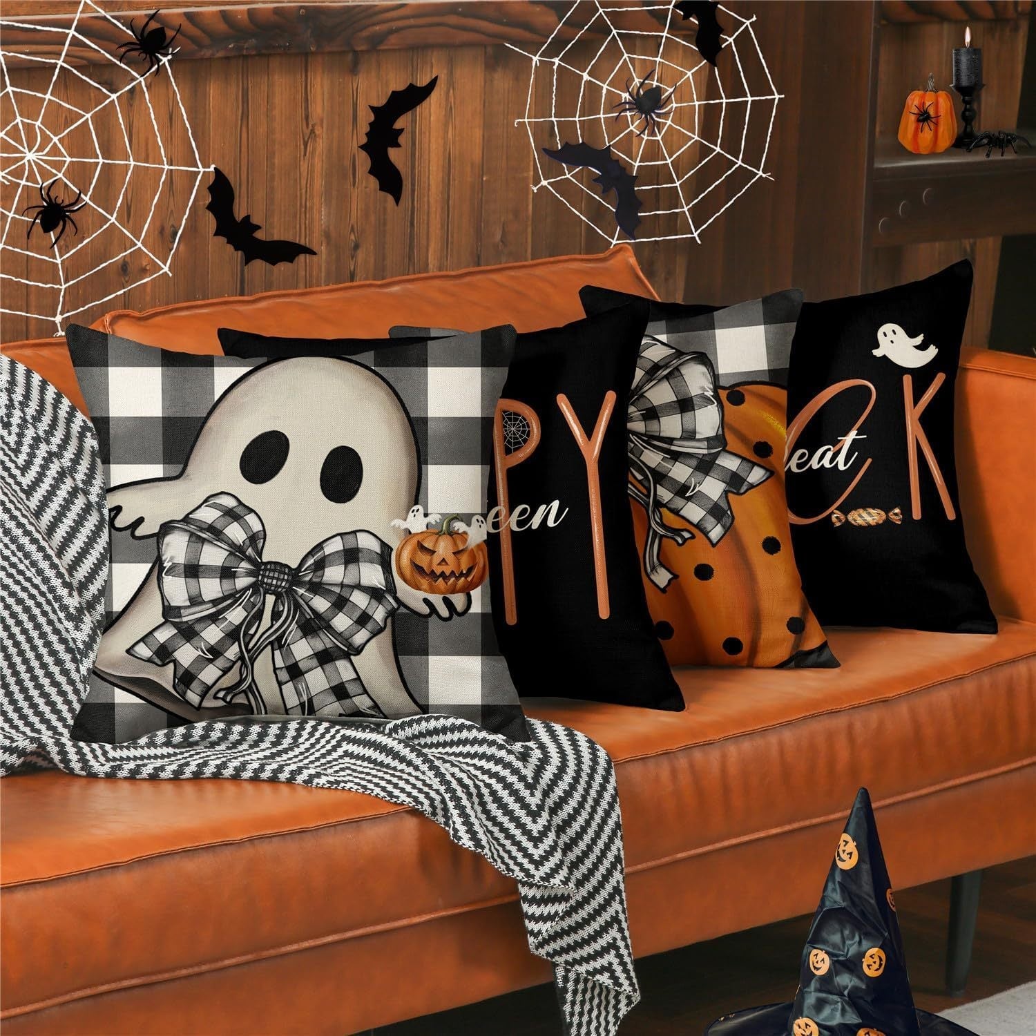 Set of 4 Halloween Pillow Covers – 18x18 Spooky Pumpkin & Buffalo Plaid Designs